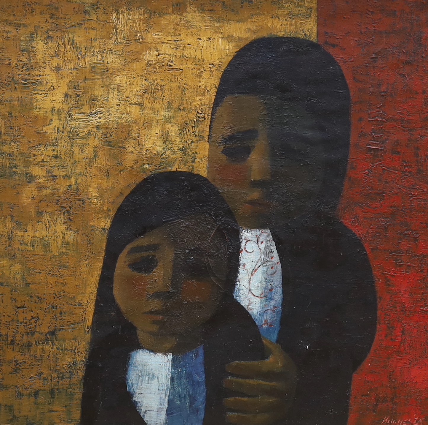 Jack Hughes (British, 20th Century), oil on canvas, 'Two children', signed with Trafford Gallery label verso, 70 x 72cm